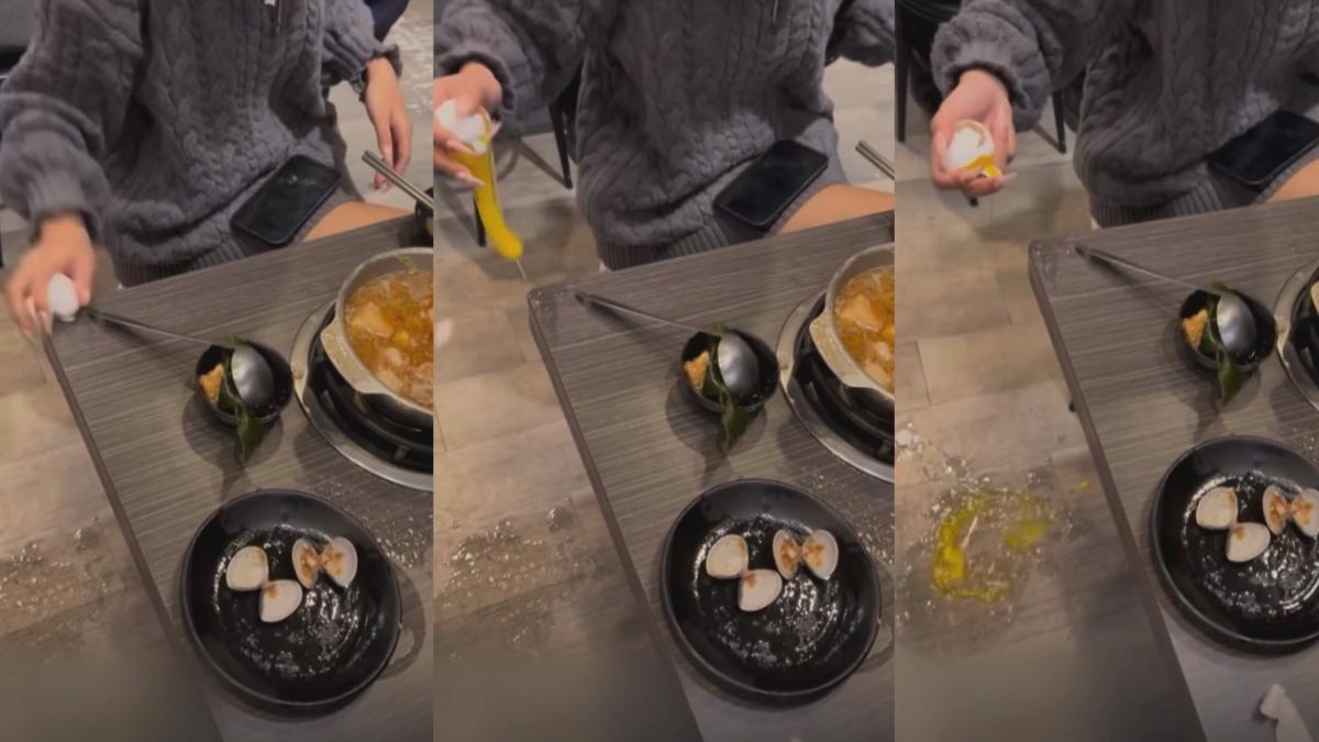台南一名女顧客用餐時連續打破兩顆雞蛋且都掉落地板,朋友錄影上傳社群平台,網友批評「不要玩食物」(圖/翻攝Threads)