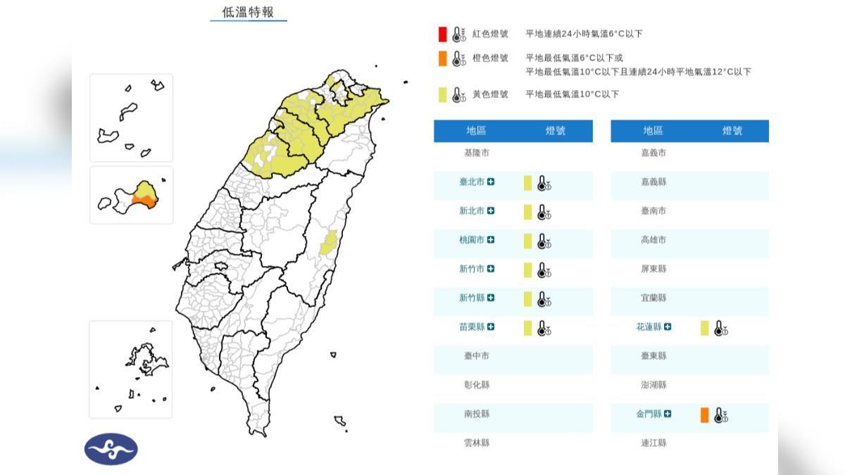 8縣市低溫特報。(圖/中央氣象署)