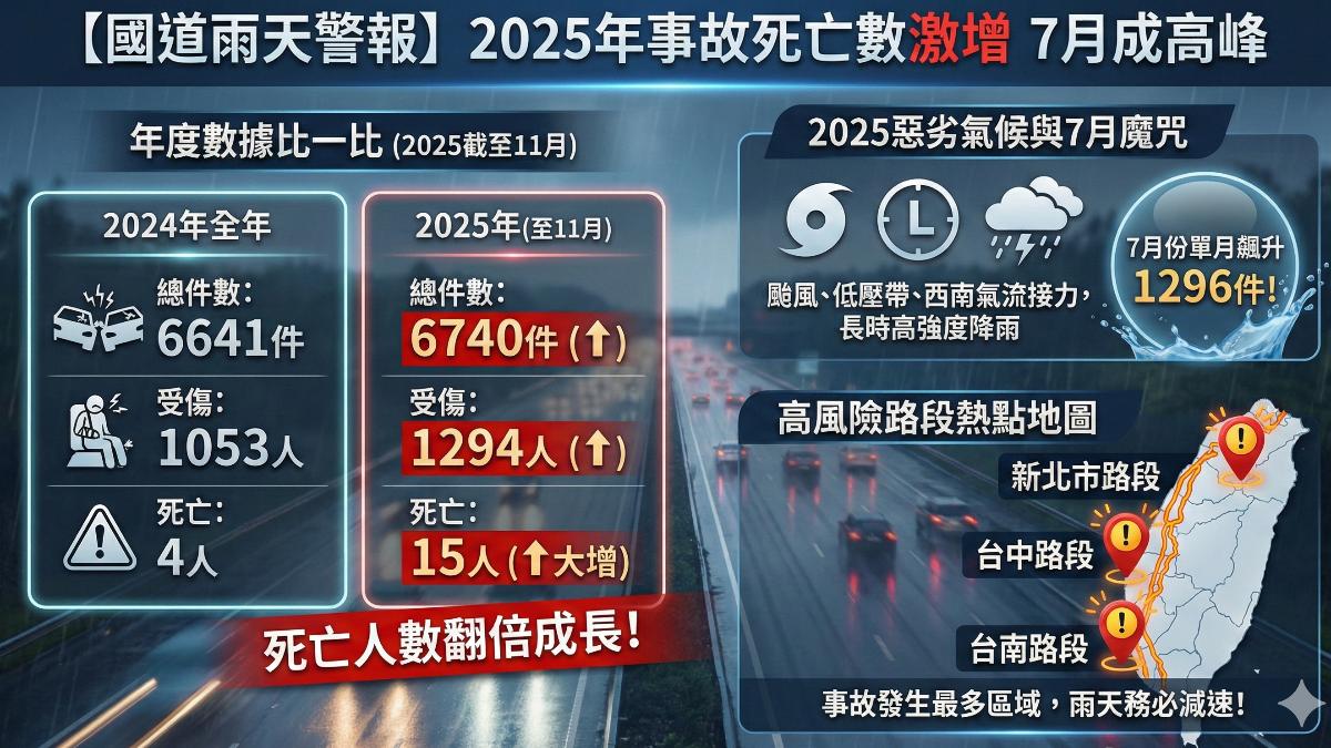 國道雨天事故多，警方提醒務必減速慢行。（圖／AI）