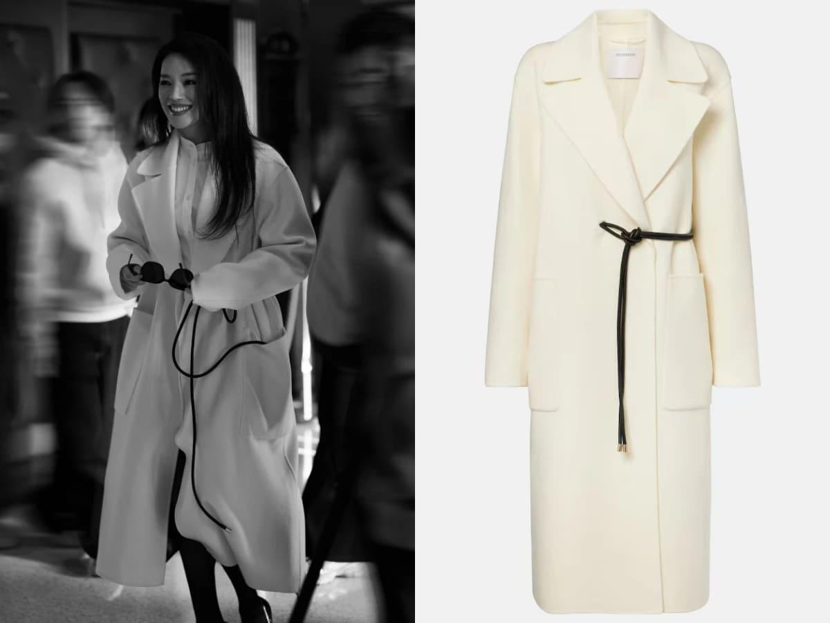 舒淇身上的奶白色大衣來自義大利品牌 Sportmax Abate virgin wool wrap coat。(圖/翻攝自FB@Wonderful Shu Qi、mytheresa官網)