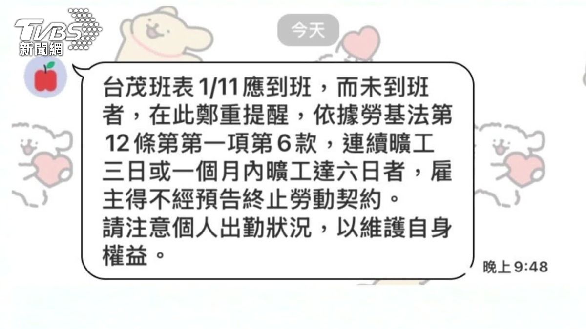 員工提供相關對話截圖，公司以勞基法條文提醒員工，曠職多天可以終止勞動契約。（圖／當事民眾提供）