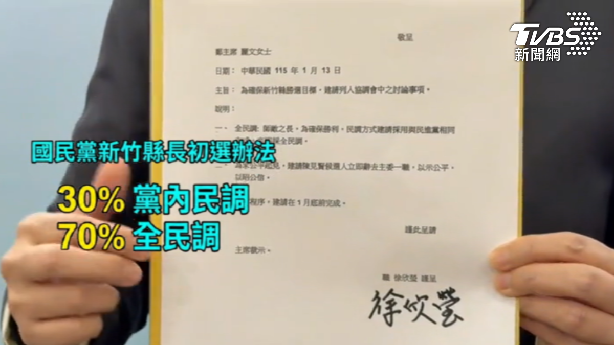國民黨新竹縣長初選拍板採七成民調、三成黨員投票,徐欣瑩質疑對手球員兼裁判。(圖/TVBS)