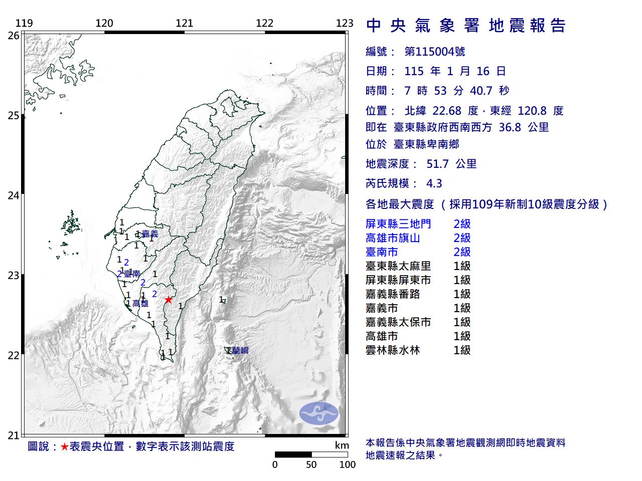 台東卑南早上發生地震，7縣市有感。（圖／翻攝自中央氣象署）