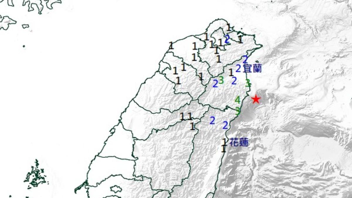 台灣東部海域今日上午11時09分發生地震，規模4.6、最大震度4級。（圖／翻攝自中央氣象署）