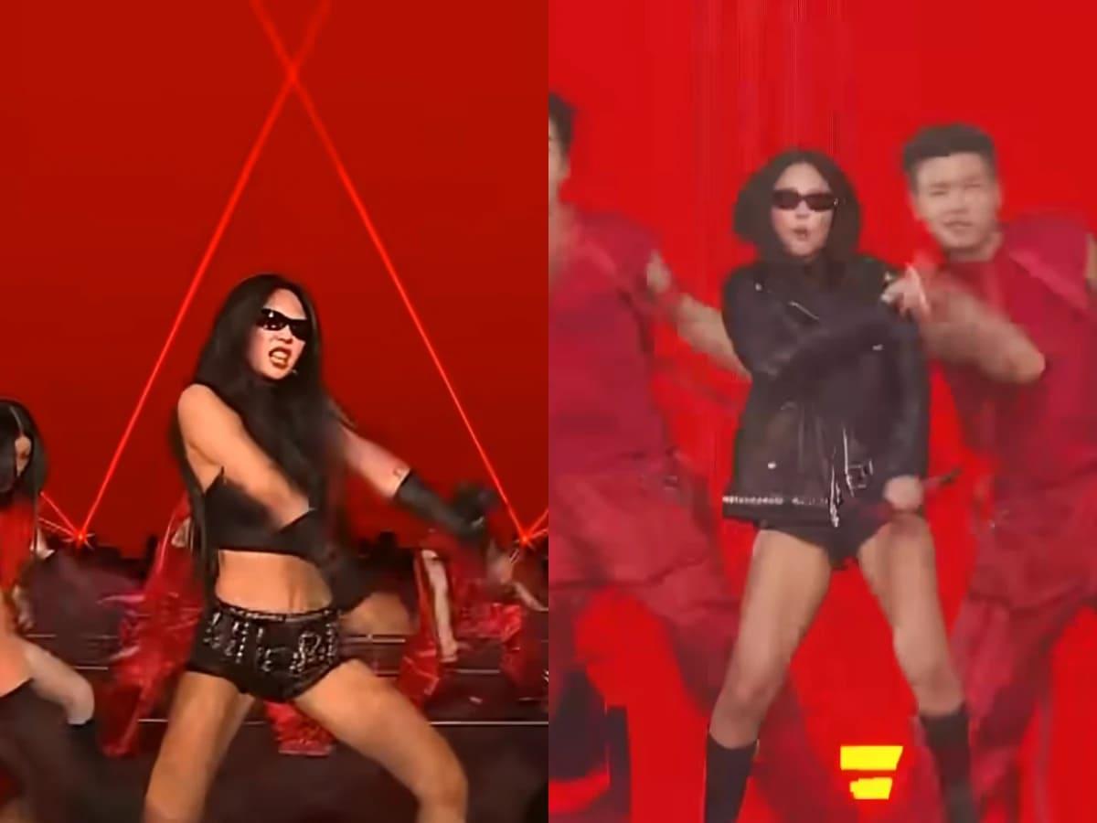 Jennie 於換曲間帥氣脫下長版皮衣，內層造型瞬間成為視覺焦點。（圖／翻攝自Golden Disc、超級圓頂提供）