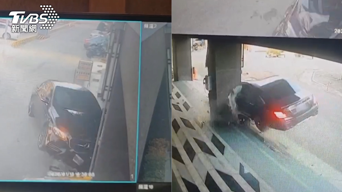 吃力！車突暴衝大理石柱遭削大半，飯店維修費逾40萬。（圖／TVBS）