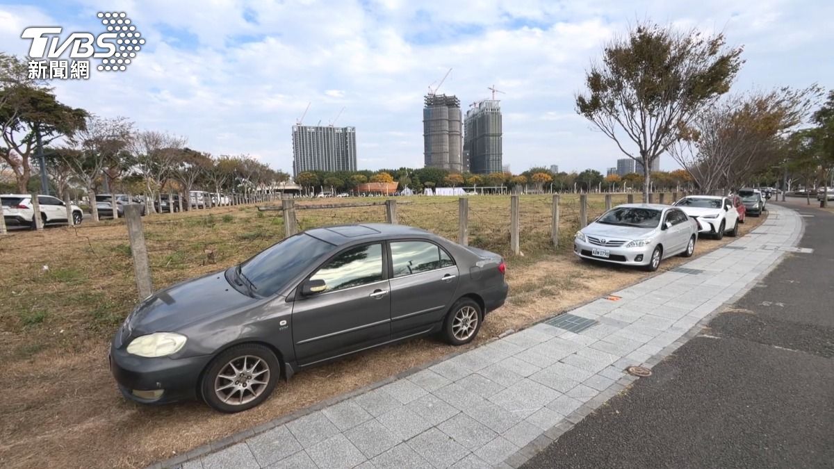台中會展中心停車場空位多 車主寧違停草皮「省停車費」挨罰。(圖/TVBS)