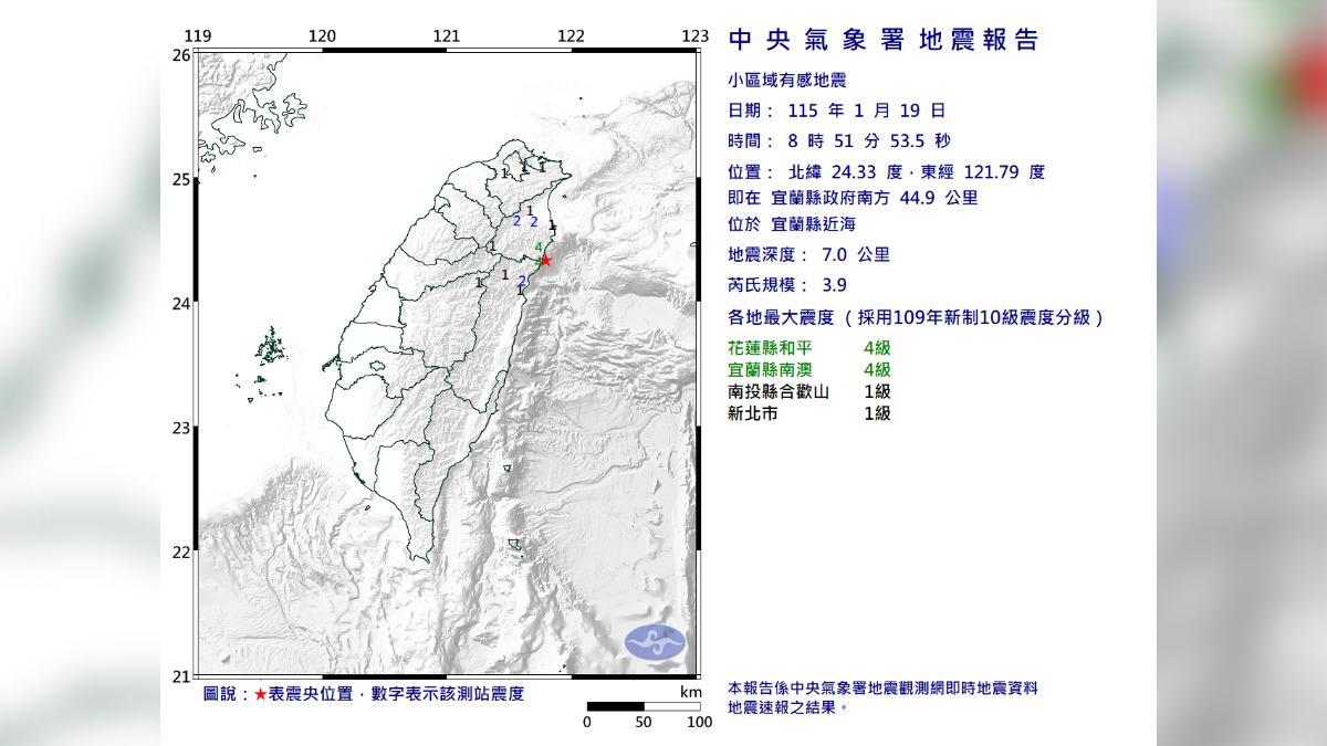 早上搖不停!宜蘭近海「極淺層地震」規模3.9 4縣市有感