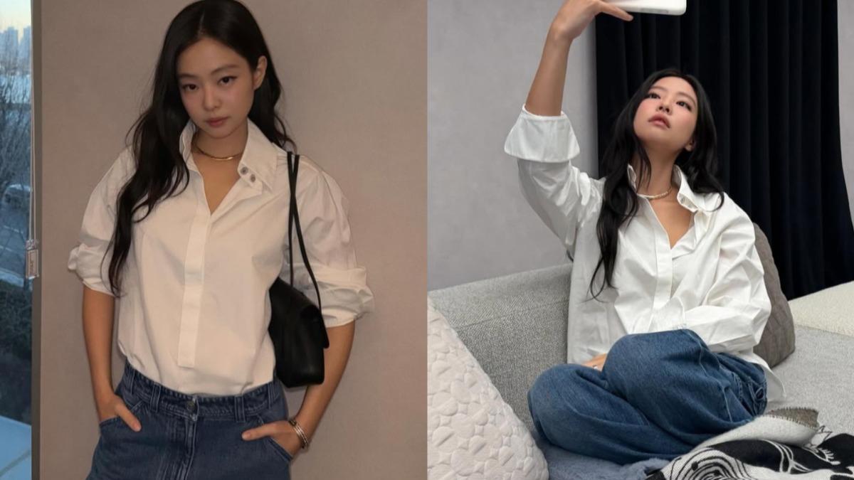 Jennie選擇白襯衫搭配牛仔褲,完美詮釋法式隨性與韓系氣場的交會。(圖/翻攝自IG@jennierubyjane)