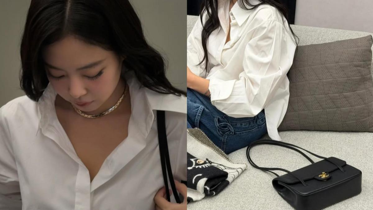 Jennie身旁的包款是CHANEL新款Preppy Coco黑色肩背包。(圖/翻攝自IG@jennierubyjane)