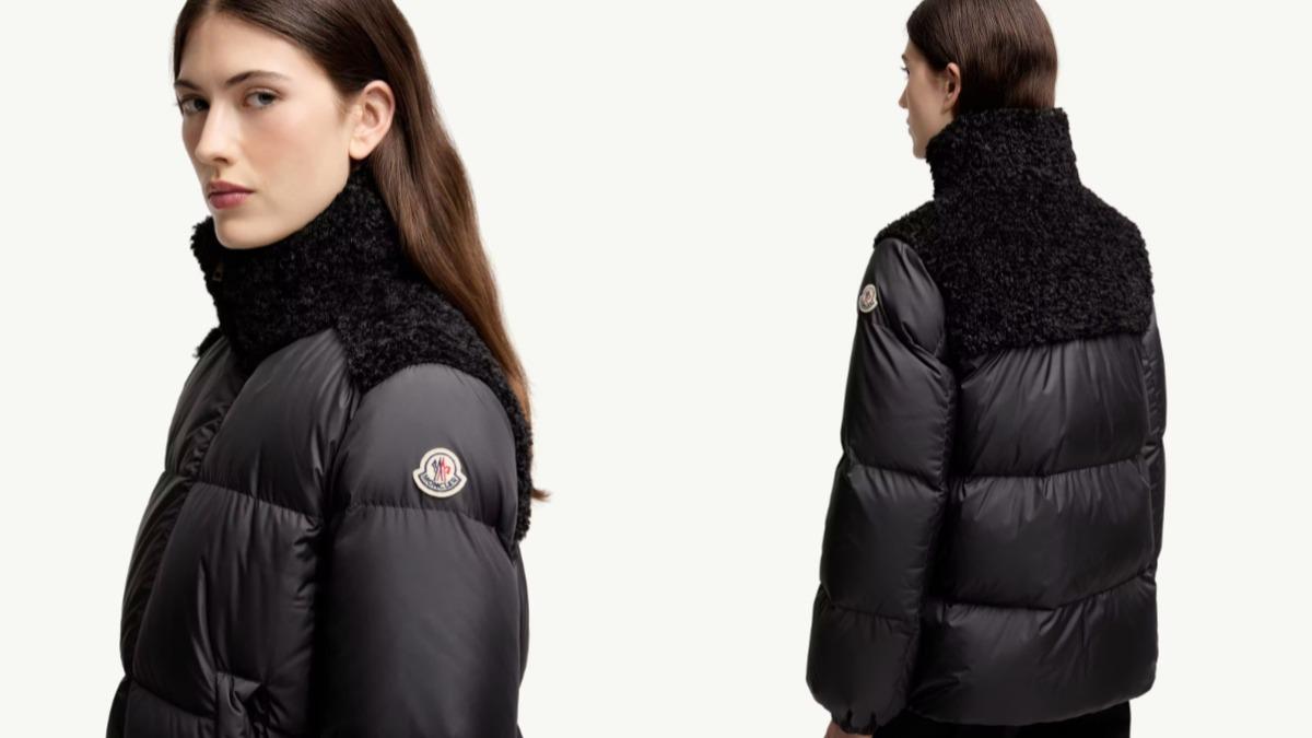 Moncler Esnaie泰迪布飾邊短身羽絨外套。(圖/翻攝自Moncler官網)
