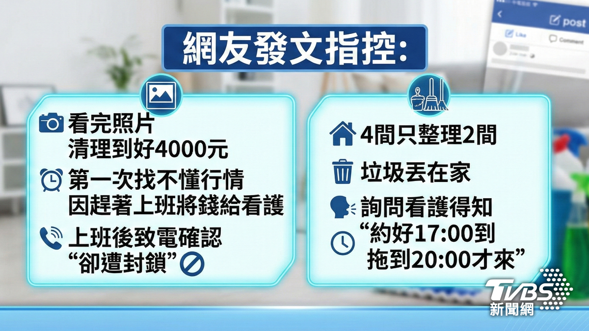 有民眾指控居家清潔業者沒有打掃乾淨,拿錢走人後就被封鎖。(圖/AI生成)