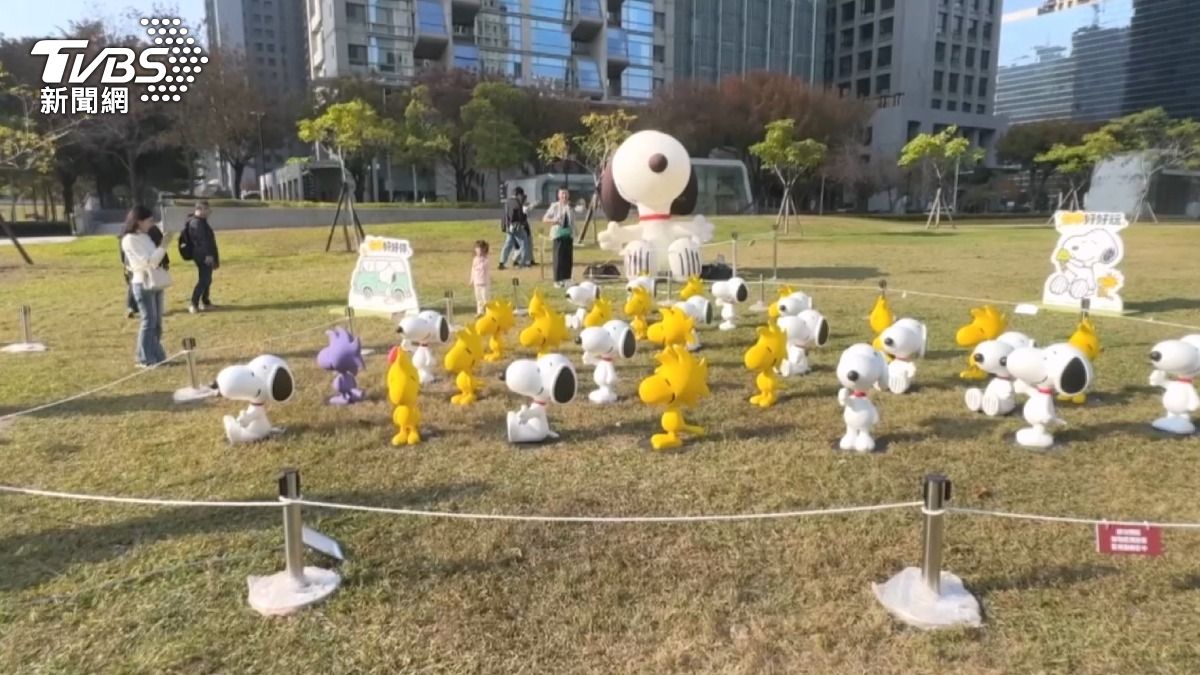 史努比攻占台中!9路口小綠人變身,3公尺巨型氣偶史努比打卡。(圖/TVBS)