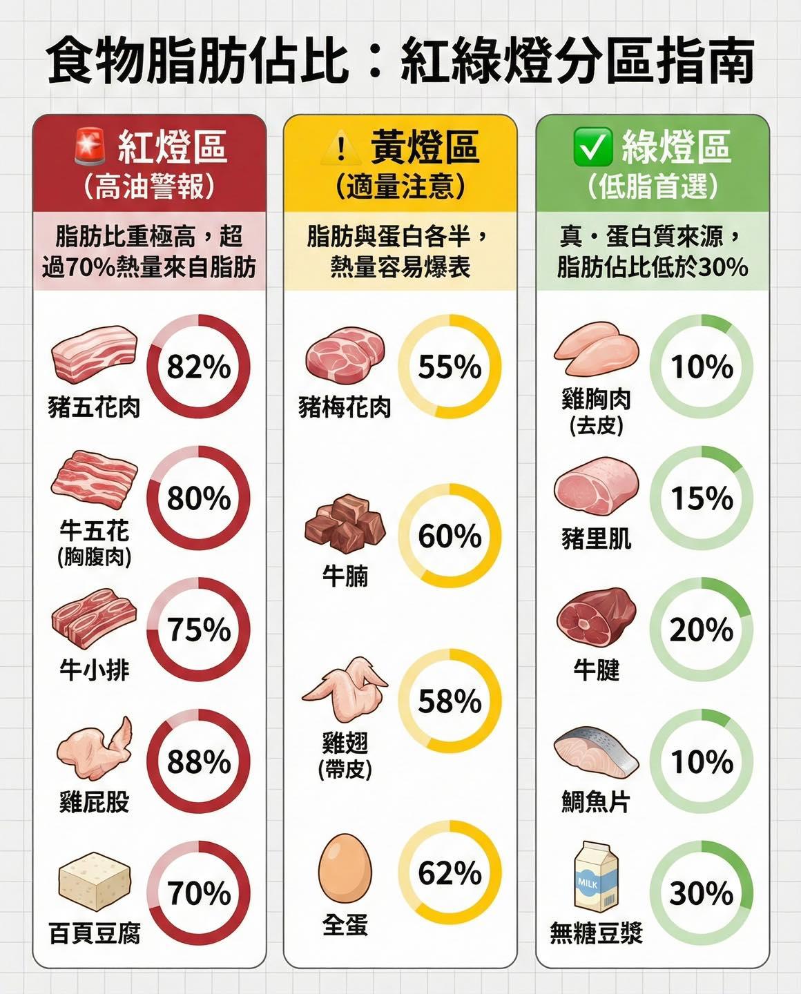 王思恒以「紅燈區」、「黃燈區」、「綠燈區」來分區市面上常見的蛋白質食物。(圖/翻攝自臉書粉絲專頁「一分鐘健身教室」)