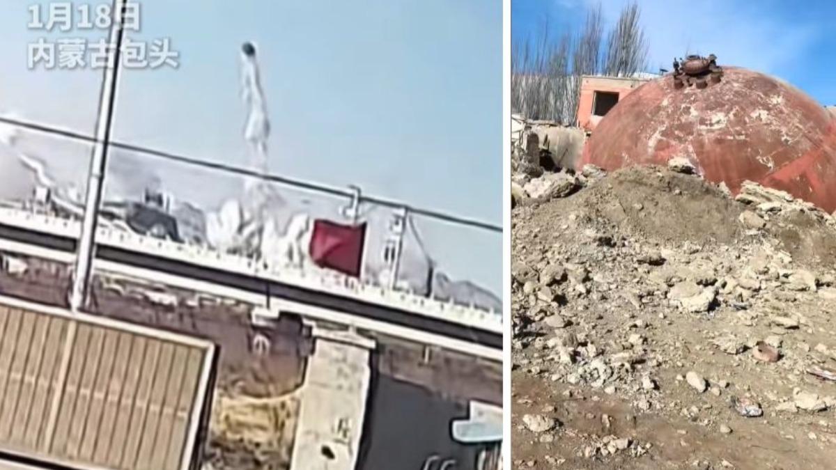 內蒙古鋼材廠爆炸，有民眾拍下一顆球形物體飛出工廠，並落在附近村莊內。（圖／翻攝抖音@最滁州、@阜陽人在包頭）