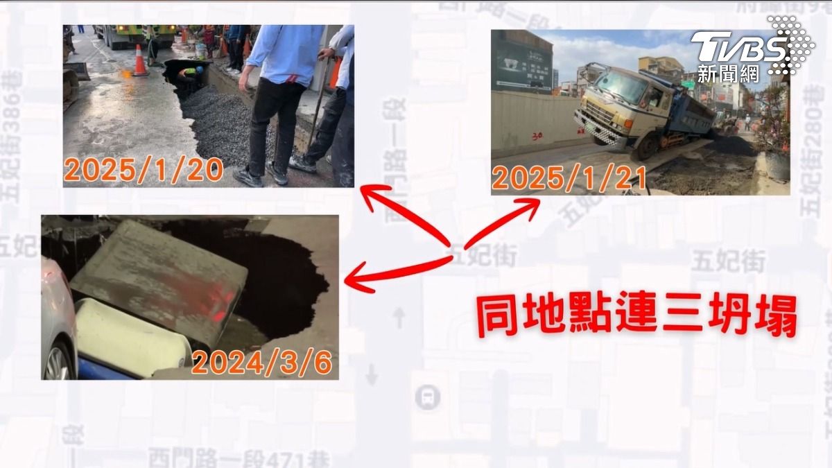 兩年來五妃街天坑，通通發生在328號附近店家前，21號早上貨車進駐回填路面，後輪掉進坑洞，20號中午，距離不到1公尺旁的路面大片坍陷（圖／TVBS）