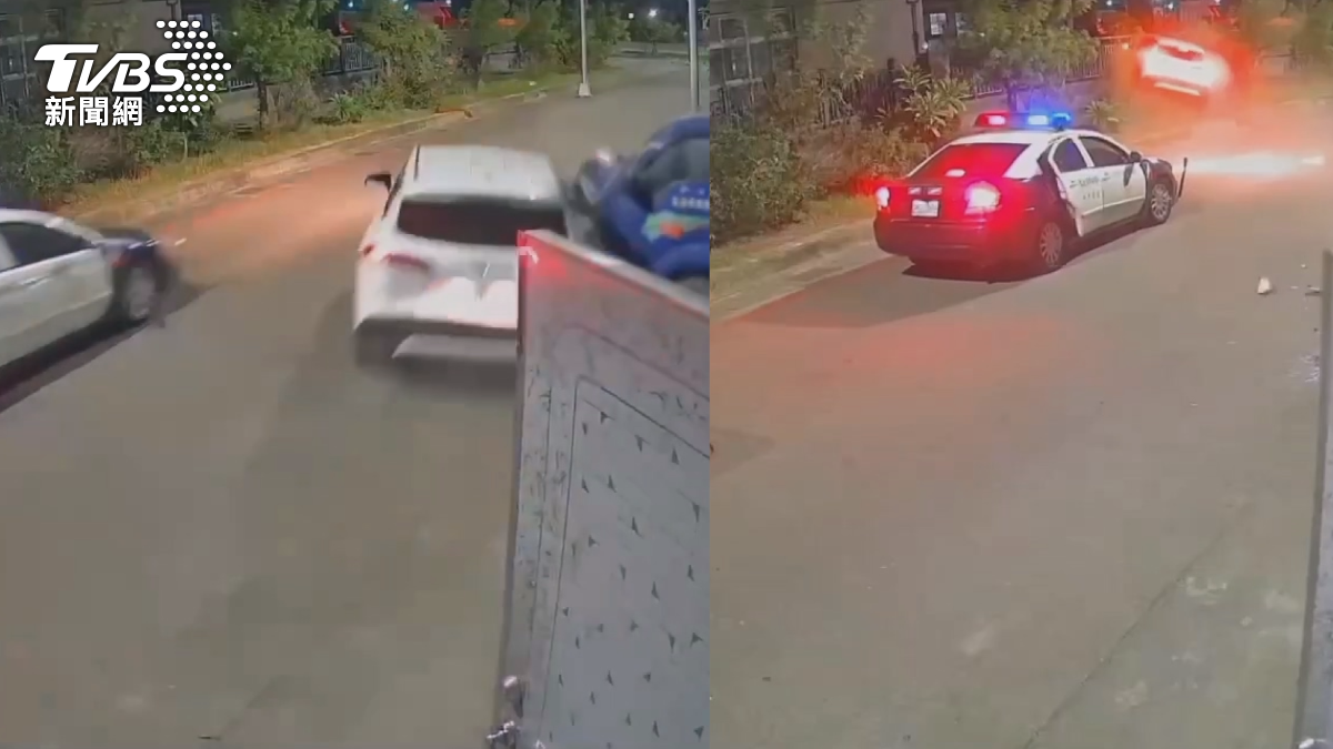 白色轎車油門踩到底,警車緊隨在後,白車駕駛失手,直接衝撞路邊貨車車頭,接著衝上人行道,整輛車撞破圍牆(圖/TVBS)