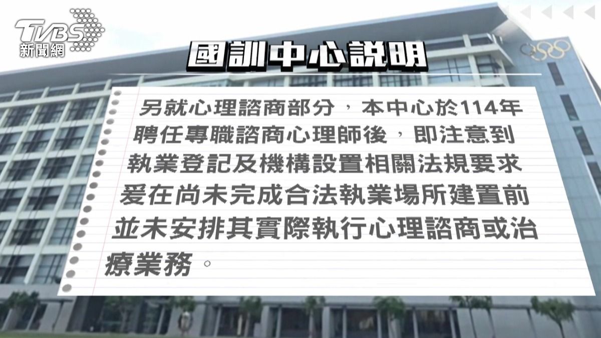國訓中心回應，尚未建置合法執業場所前，心理諮商未進行治療。（圖／TVBS）