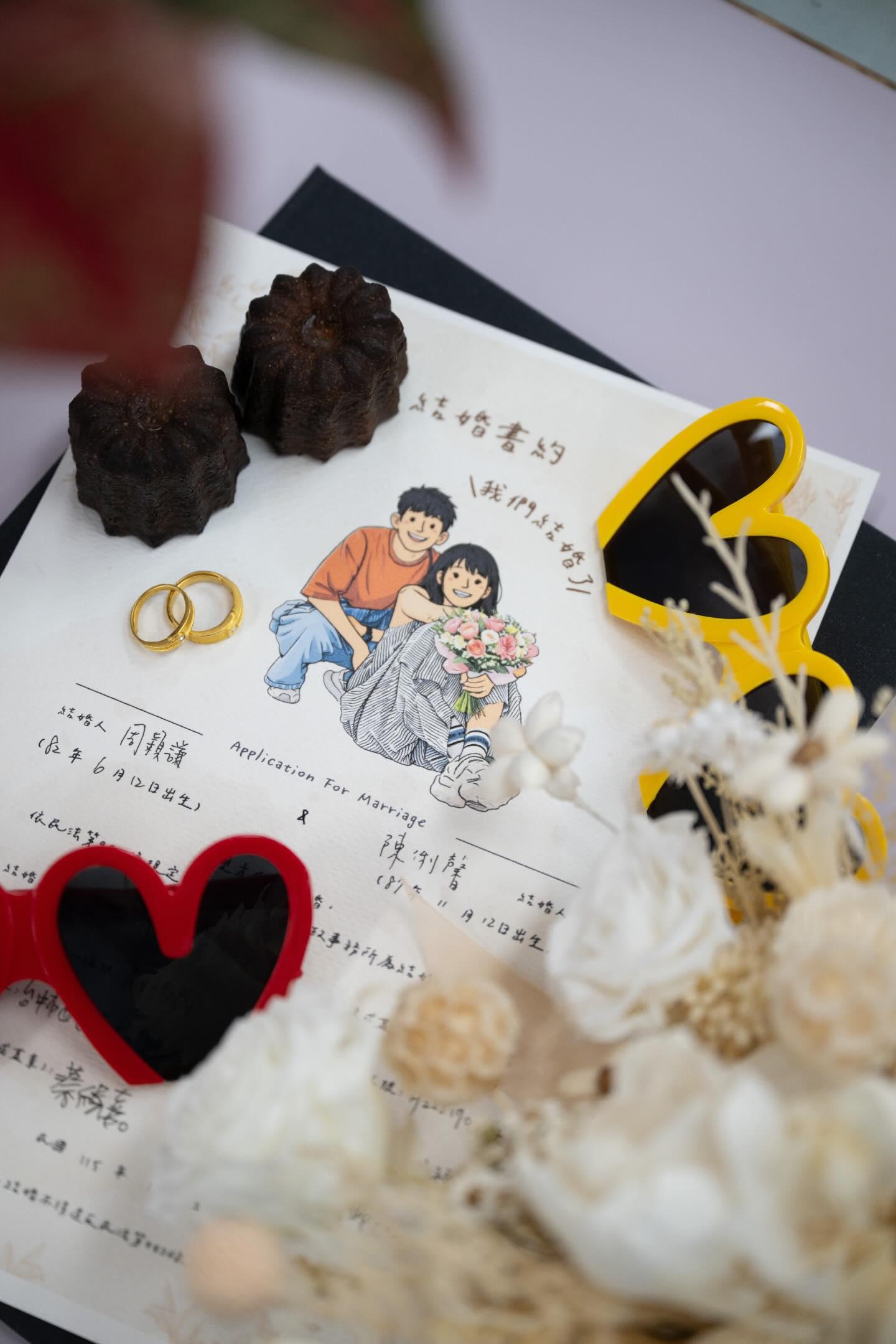 耶嫩與俐馨的結婚書約,上頭畫有2人的Q版合照。(圖/翻攝自Threads@yenom0612)