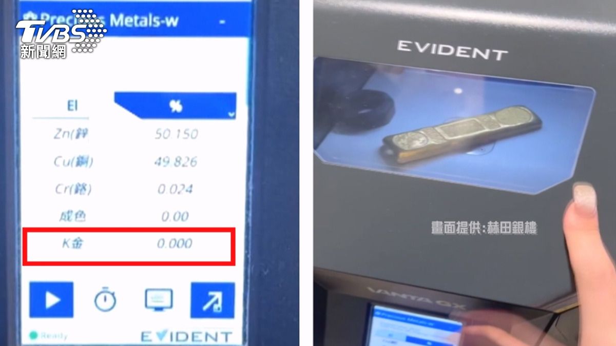 男帶「自熔假金塊」賣2千萬 店家光譜儀一照傻眼:銅鋅混合物。(畫面提供/赫田銀樓)