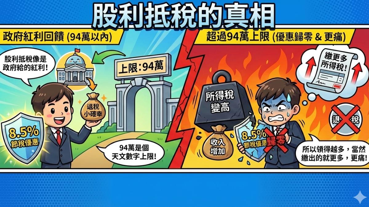 股息抵稅，超過94萬上限面臨繳交更高所得稅。（圖／AI）