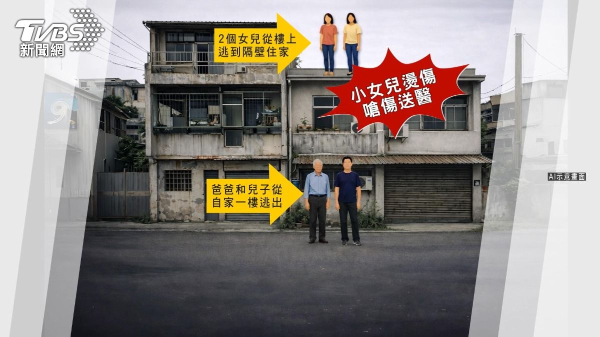 火災發生時,父親和兒子從自家一樓逃出,2名女兒則從樓上逃到隔壁鄰居家,再被引導下樓脫困。(圖/TVBS)