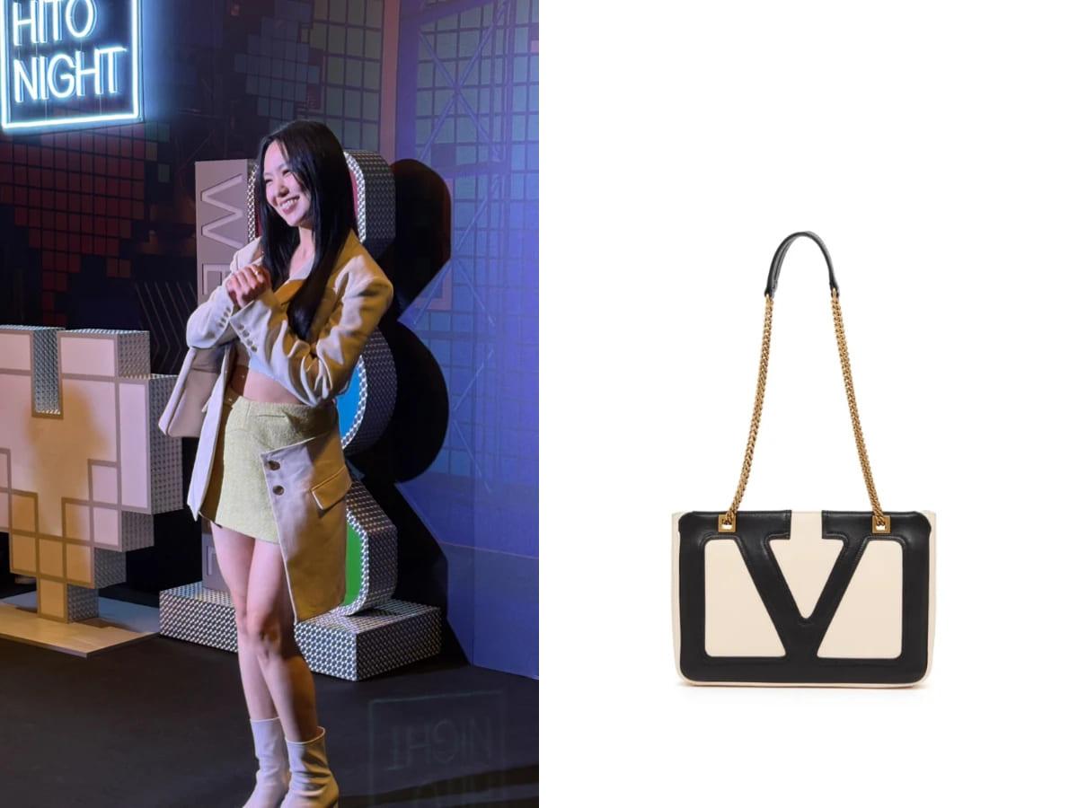 孫盛希以亞麻色西裝裙套裝登場,肩背VALENTINO的Viva Superstar shoulder bag。(圖/女大編輯部)