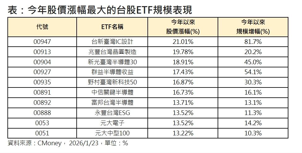 今年股價漲幅最大的台股ETF規模表現。(資料來源/CMoney)