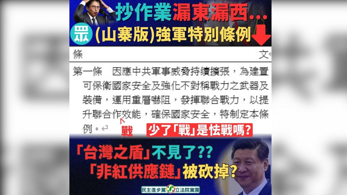 民眾黨軍購草案「第一條就漏字」 綠黨團轟:抄作業漏東漏西