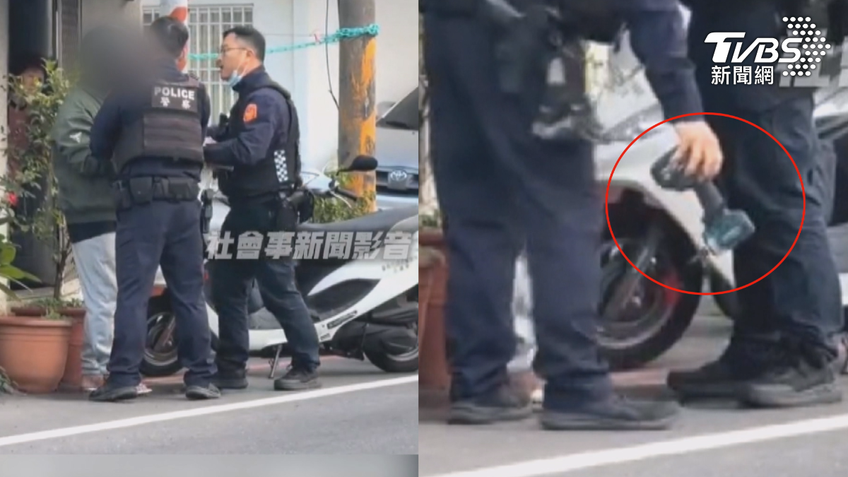 員警從男子手中奪下一把電鑽放在地上,接著要搜身時男子不讓搜,雙方發生拉扯,後來被搜出毒品才將他逮捕。(圖/翻攝社會事新聞影音)