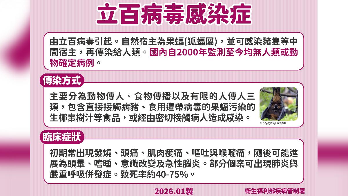 立白病毒感染方式及臨床症狀。(圖/疾管署提供)