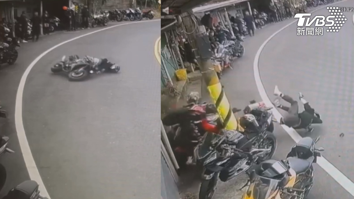 嘉義台3線阿婆灣路段,一名男子騎重機過彎時,疑似壓車角度過大失控摔車,波及路邊重機。(圖/TVBS)