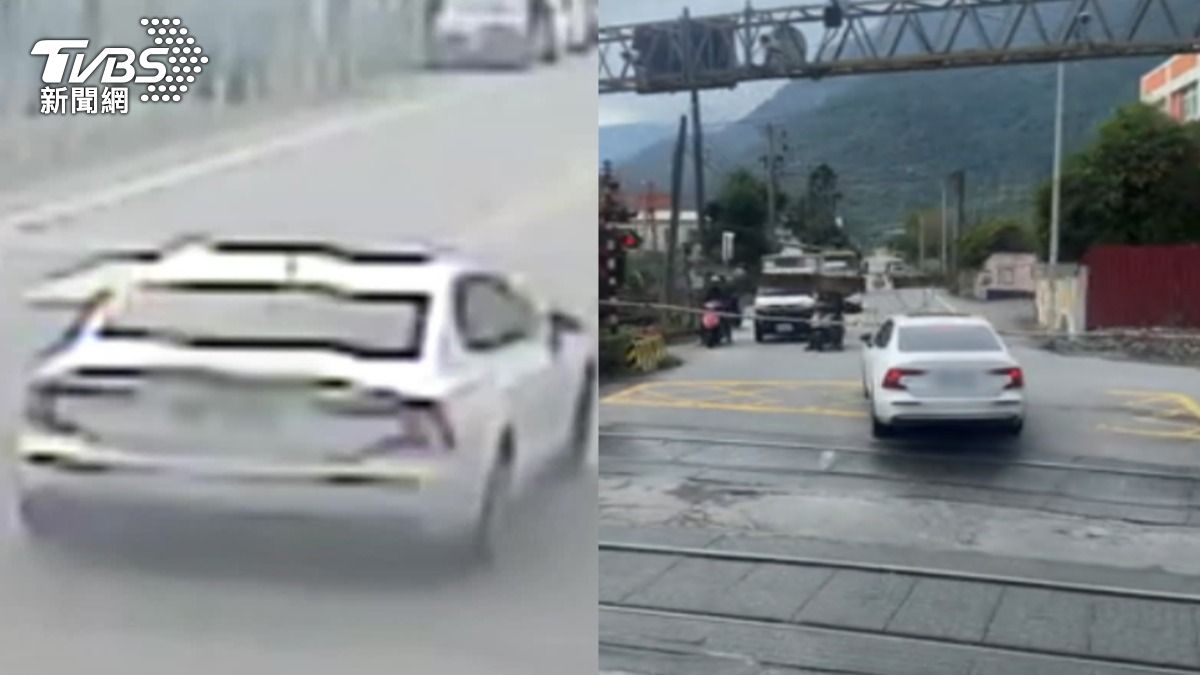 小客車搶快硬闖平交道,害普悠瑪延誤1分鐘。(圖/左圖 TVBS、右圖 網友授權提供)