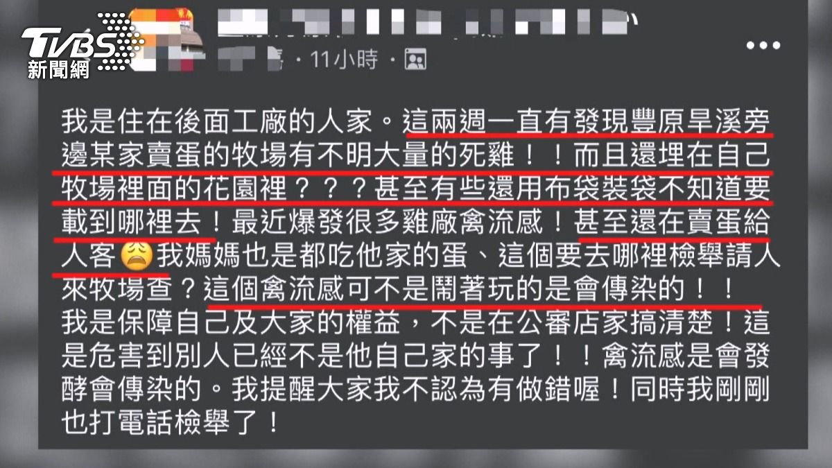 豐原一處蛋雞場「私埋死雞」照賣蛋　證實為禽流感(圖／翻攝臉書) 