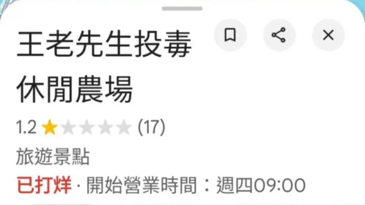 王男經營農場湧入大量負評，名稱也遭惡改。（圖／翻攝自GoogleMaps）