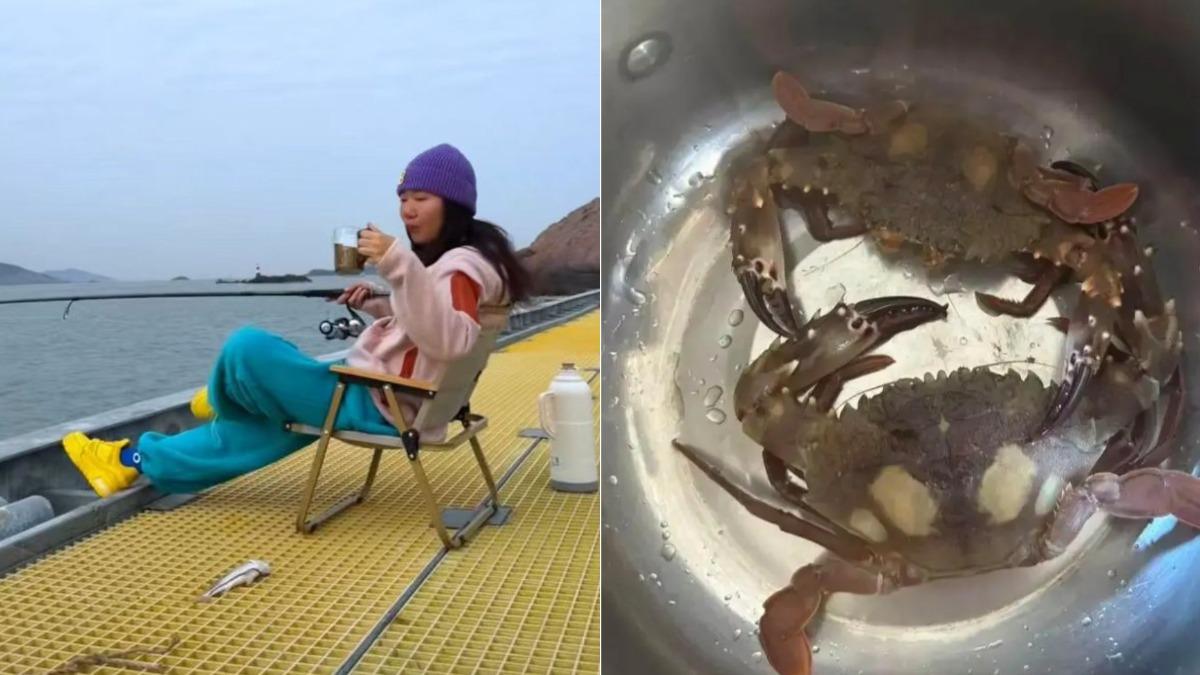 栗子喝茶釣魚（左）與她抓到的螃蟹。（圖／翻攝網易）