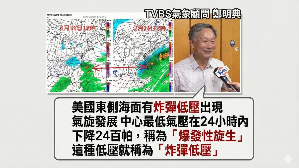 TVBS氣象顧問鄭明典分享美國東側海面出現炸彈低壓訊號。（圖／TVBS）