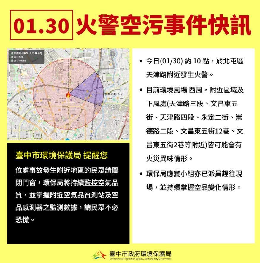 台中市環保局也說明,起火下風處及附近區域,皆可能會有異味情形發生。(圖/台中市環保局提供)