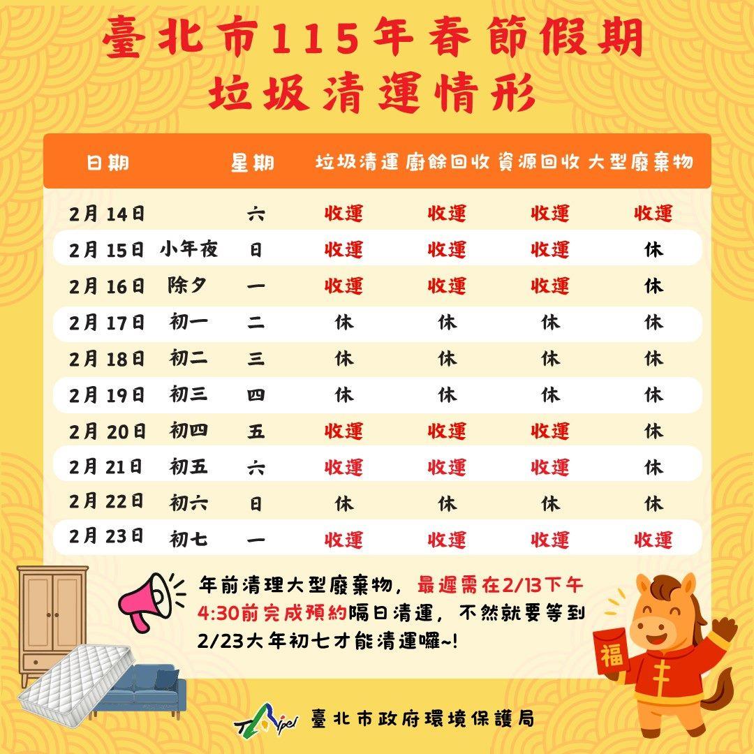 台北市春節垃圾清運時間。(圖/台北市環保局提供)