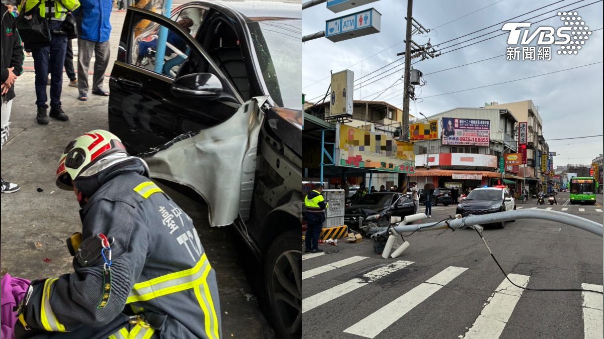 台中賓士男向右閃車!暴衝撞斷號誌桿 無辜嬤買臭豆腐頭被撞破