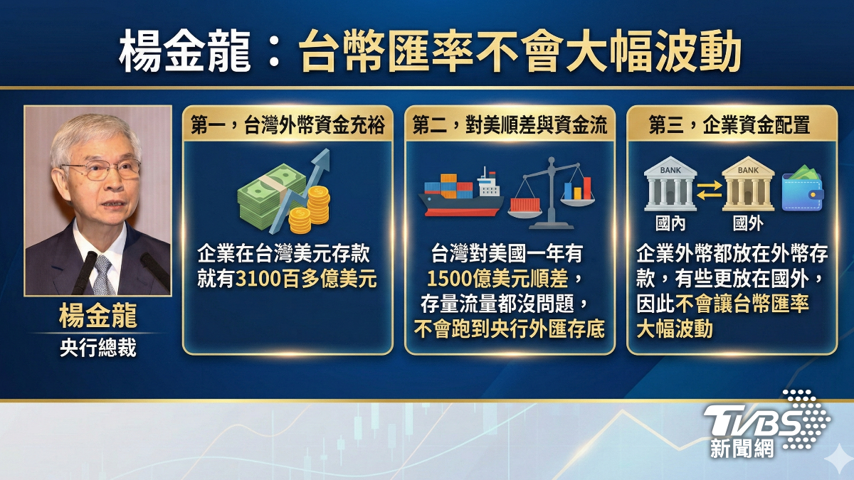 楊金龍3大理由，認為台幣匯率不會大幅波動。（圖／TVBS）