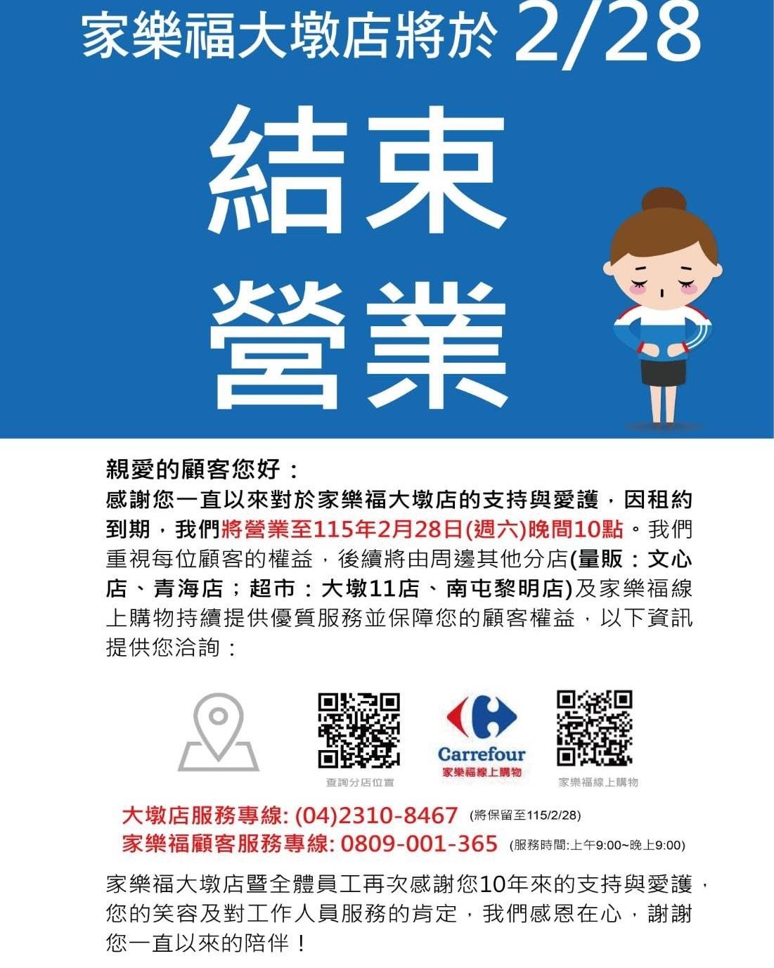 家樂福熄燈,家樂福台中熄燈,家樂福大墩店熄燈,家樂福大墩店228熄燈,家樂福歇業,家樂福結束營業,台中家樂福熄燈,家樂福門市熄燈