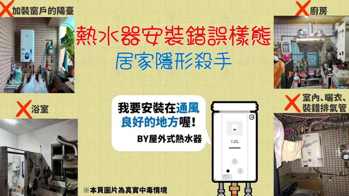 熱水器安裝錯誤位置，容易造成一氧化碳中毒意外。（圖／消防署）