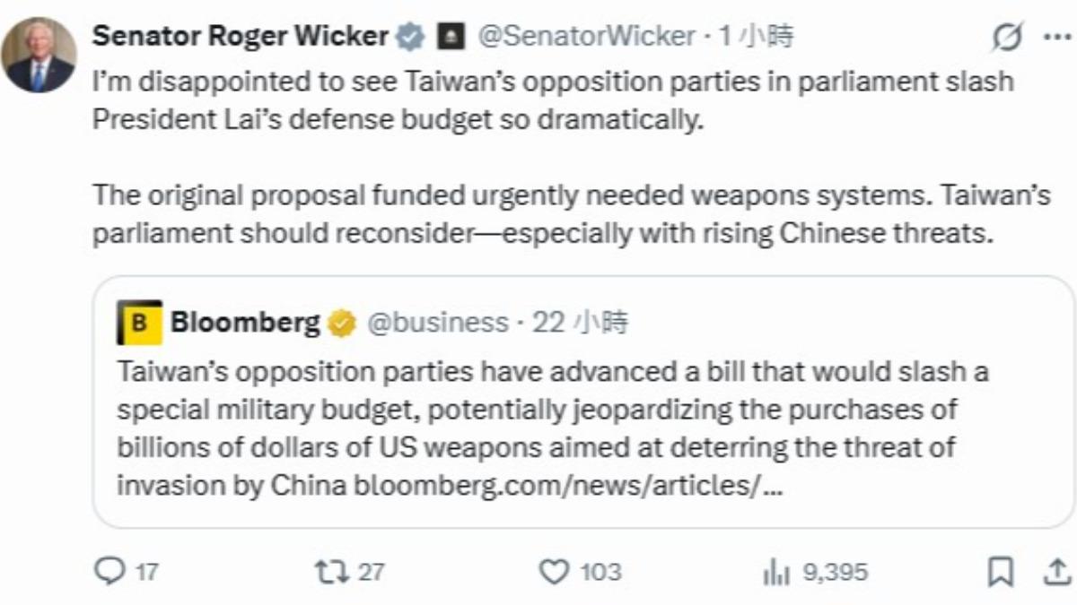 威克罕見公開表達失望。(圖/翻攝自 X @SenatorWicker)