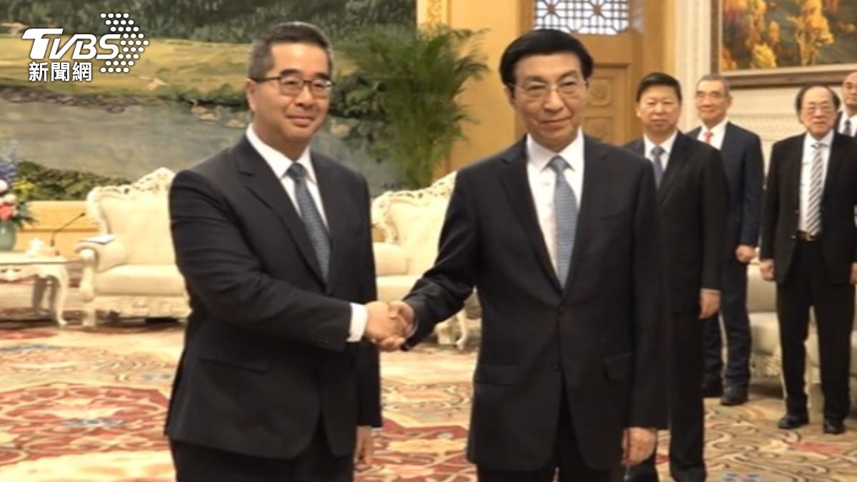 國民黨副主席蕭旭岑與大陸全國政協主席王滬寧握手。（圖／TVBS）