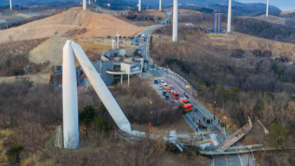 豆腐渣工程?南韓80m風力發電機慘突折斷 車輛加速逃命畫面曝