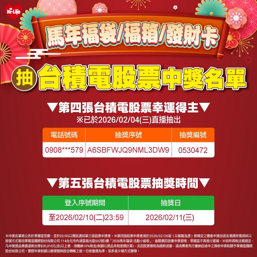 萊爾富福袋第5張台積電股票開獎時間為2月11日下午3點。（圖／翻攝自萊爾富臉書）
