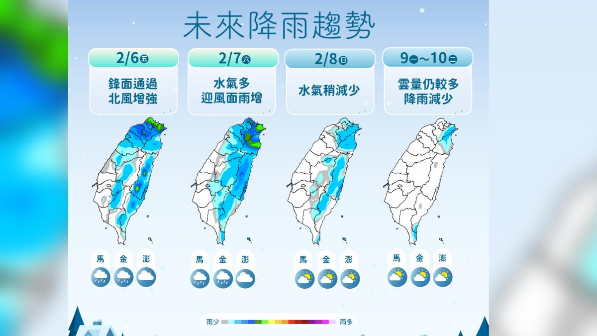 明變天水氣通過、寒流殺到，降雨熱區一次看。（圖／氣象署）