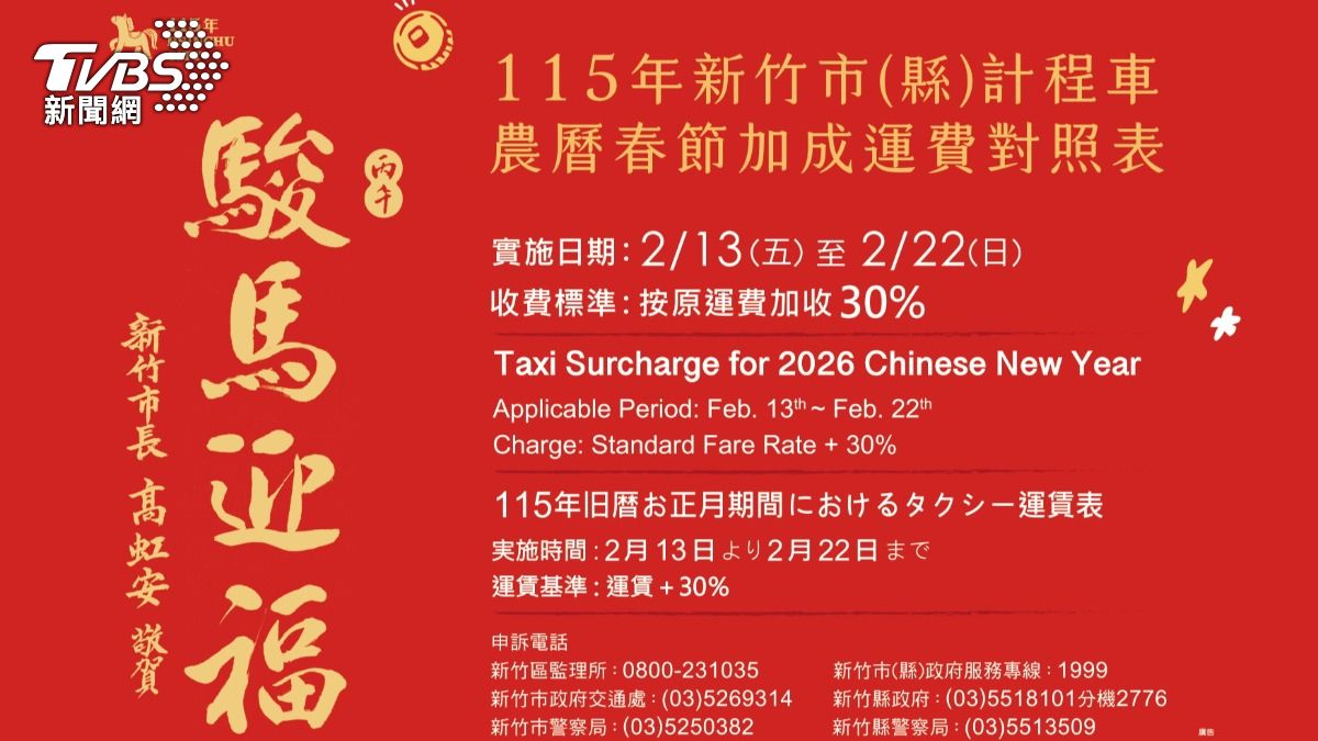 新竹市計程車於春節加價三成。(圖/新竹市政府提供)