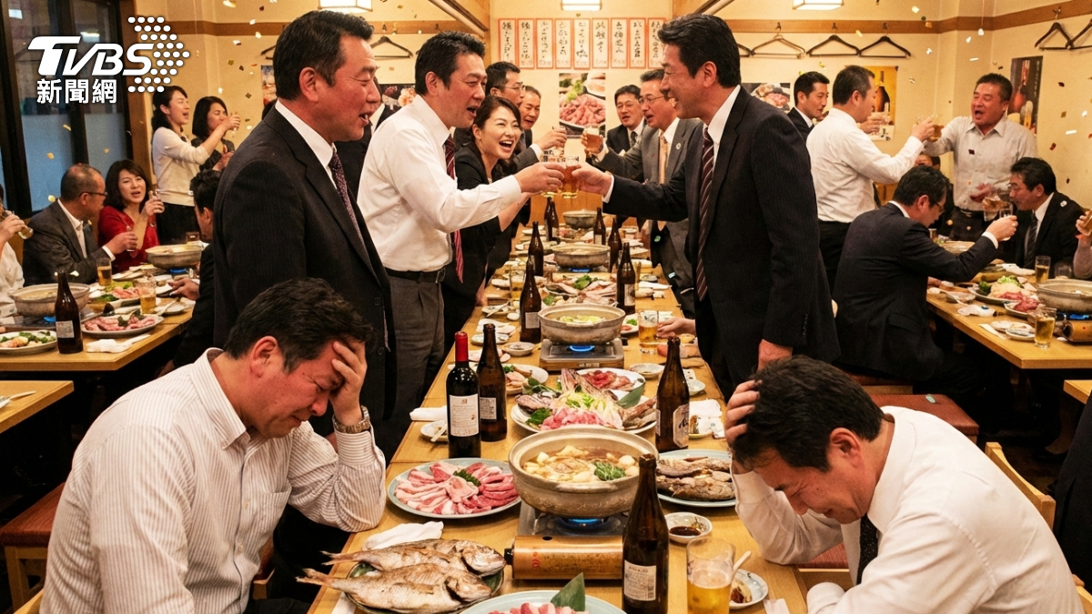 年末尾牙聚餐多，在大餐、酒精、吵鬧的氣氛下，很可能增加腦血管疾病風險。（AI生成示意圖、非當事人／Gemini）